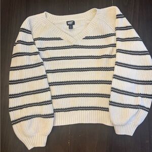 Lands' End Women’s Chunky Green and Blush Striped Cotton V Neck Sweater